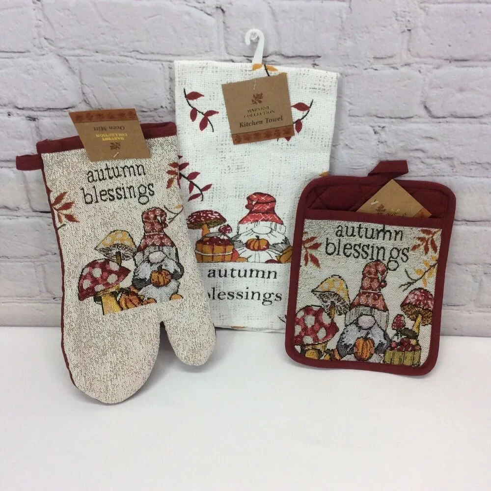 “Autumn Blessings” Gnomes 3 Piece Kitchen Set Dish Towel-Oven Mitt-Pot Holder